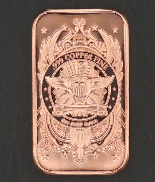 1 oz .999 Fine Copper Bar Eagle Shield Bullion One AVDP Ounce Unc Mint