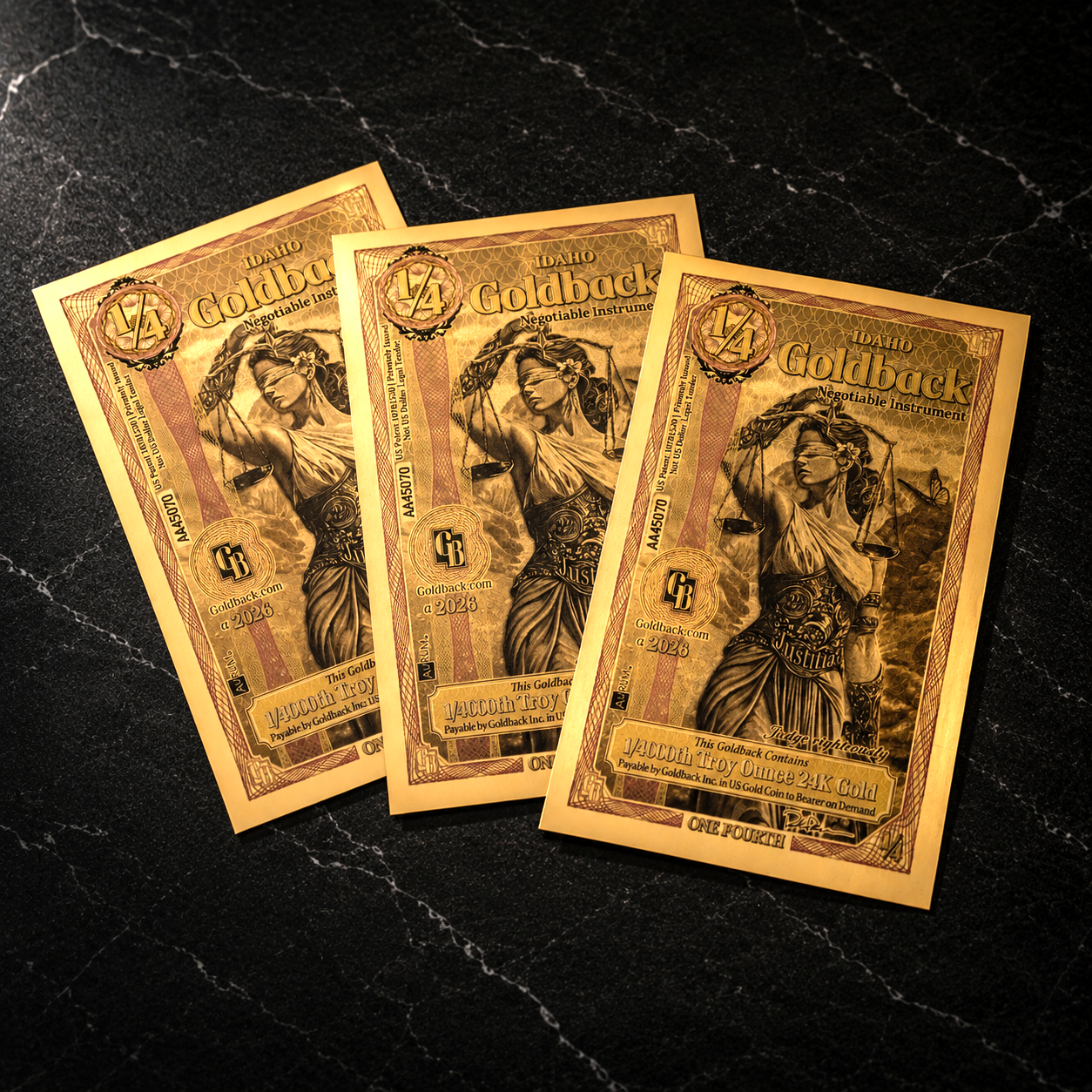 SET OF 3 - 2026 1/4 IDAHO Goldback Gold Foil Note 1/4000 oz 24k IN STOCK!