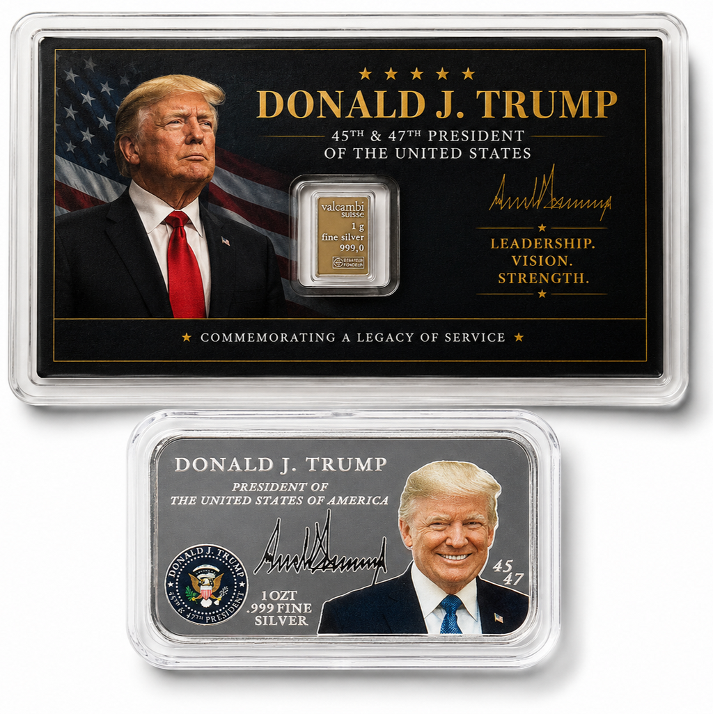 1oz Colorized Trump Presidential Silver Bar & Trump Tribute Card 1g Valcambi