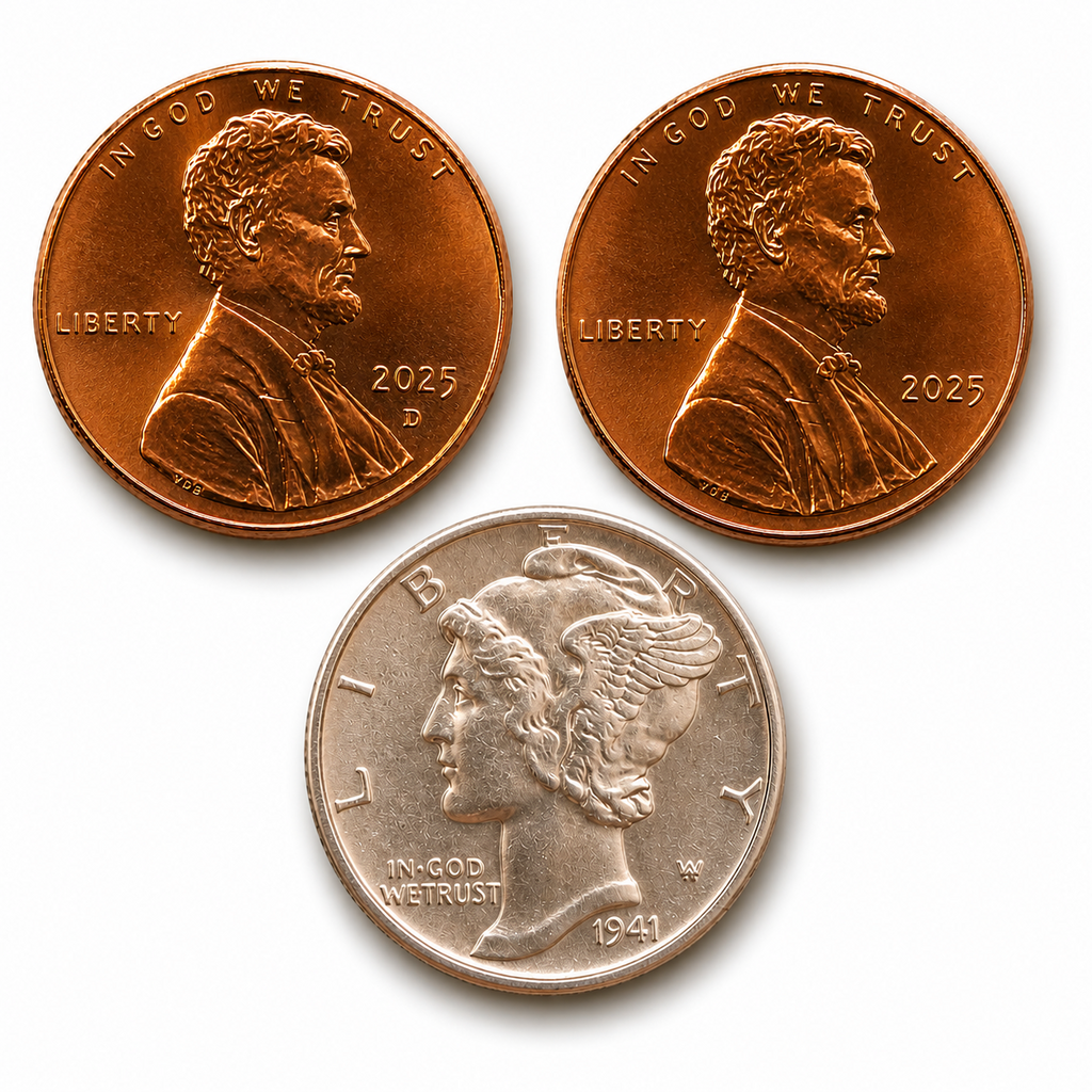 Mercury Dime GEM BU Uncirculated 90% Silver + 2025 P&D Pennies BU Set