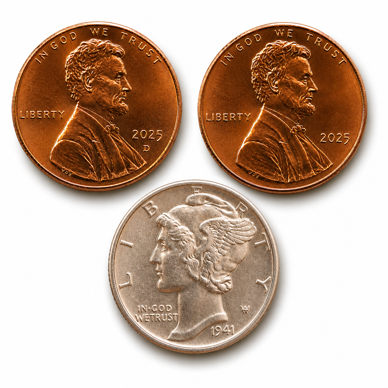 Mercury Dime GEM BU Uncirculated 90% Silver + 2025 P&D Pennies BU Set