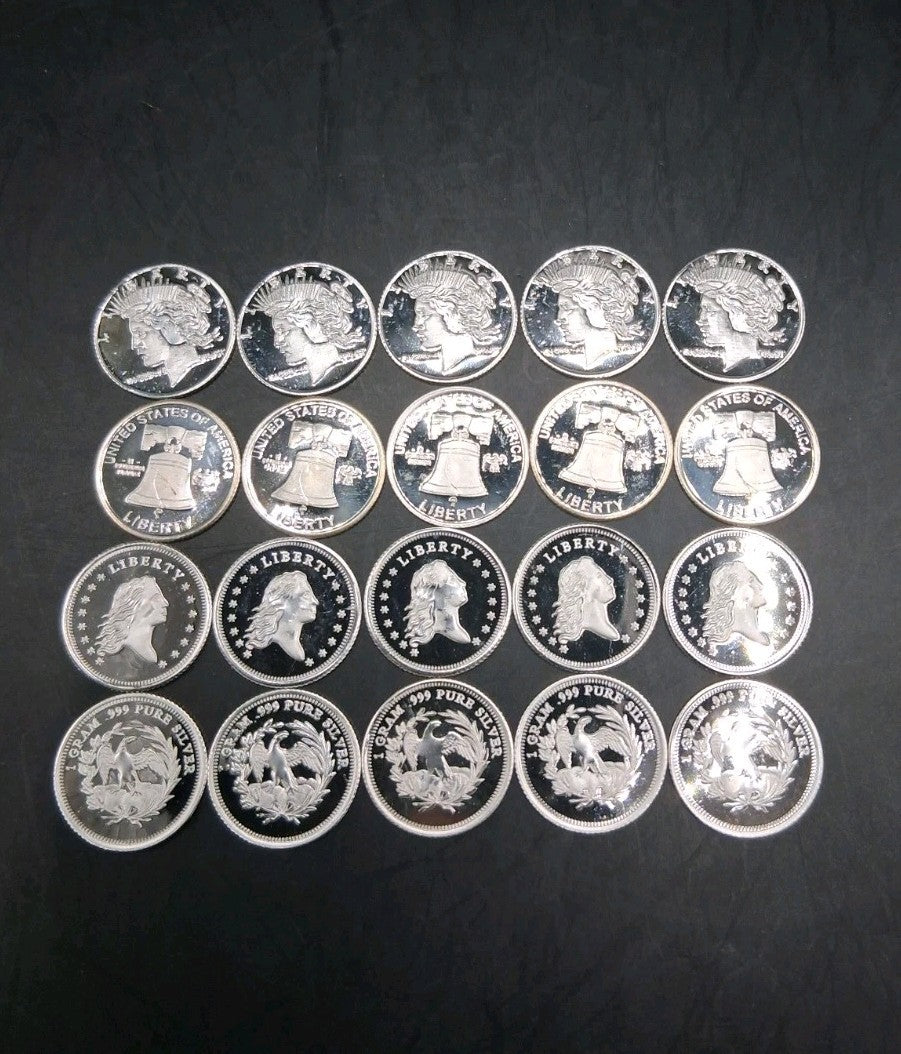 (25x) Pure .999 Fine Silver Rounds Premium New Bullion Estate Lot Designs