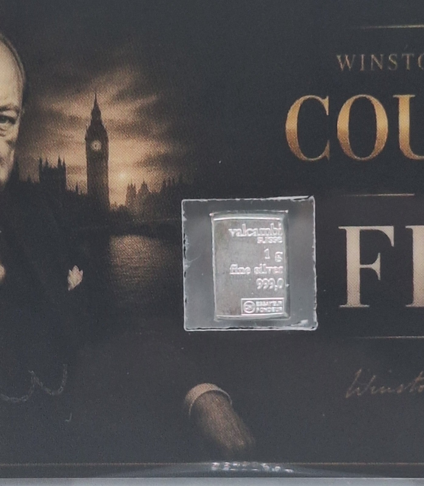 Winston Churchill Tribute Card Genuine 1g Valcambi Suisse .999 Fine Silver Bar
