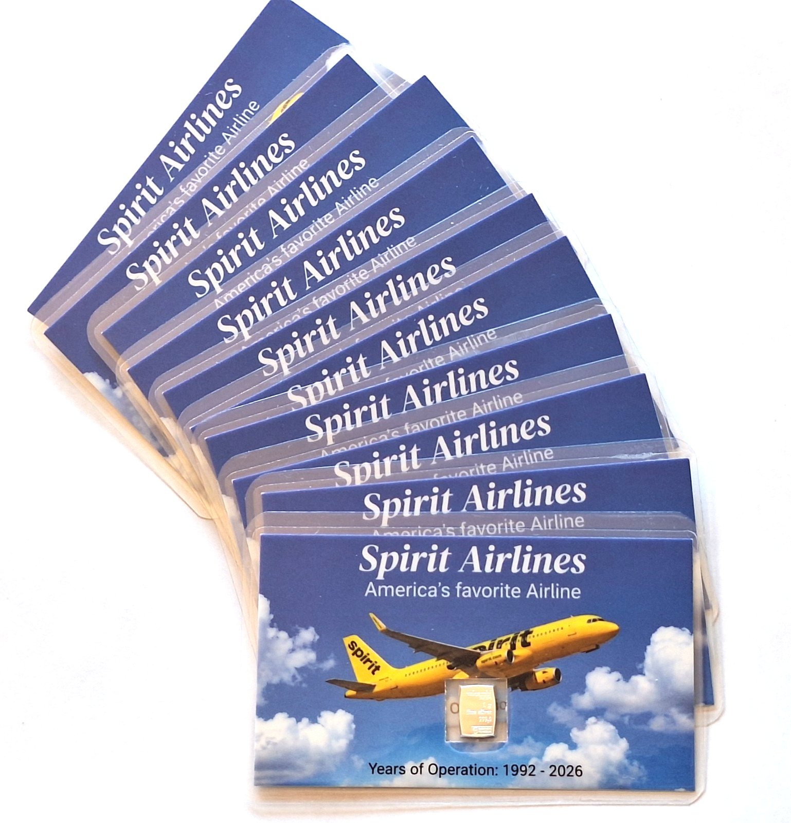 10x Rare Spirit Airlines Tribute Cards w/ 1 Gram Valcambi Silver Bar (1992-2026)