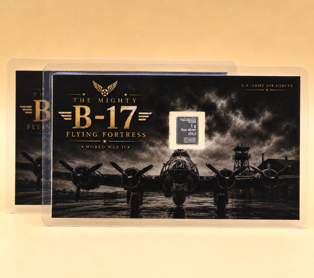 2x B-17 Flying Fortress Cards w/ Genuine 1g Valcambi Suisse .999 Fine Silver Bar
