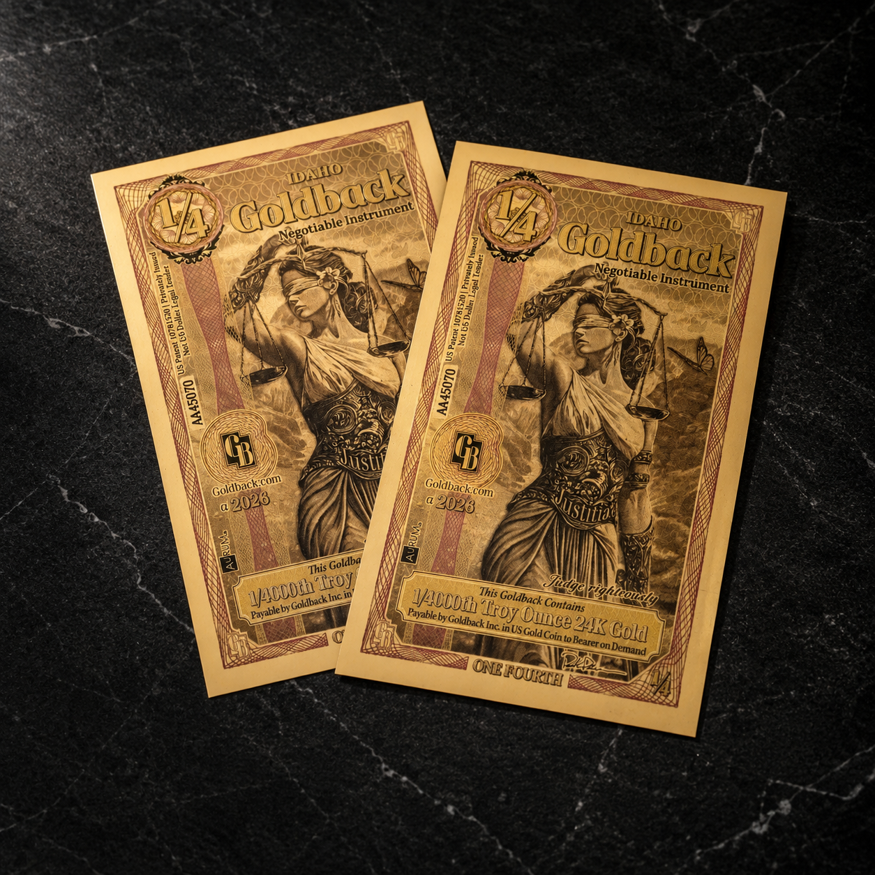 SET OF 2 - 2026 1/4 IDAHO Goldback Gold Foil Note 1/4000 oz 24k IN STOCK!