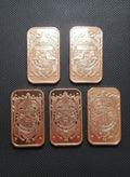 Lot of 5 - 1 oz Copper Bar .999 Fine Bullion - Random Design - Ingot