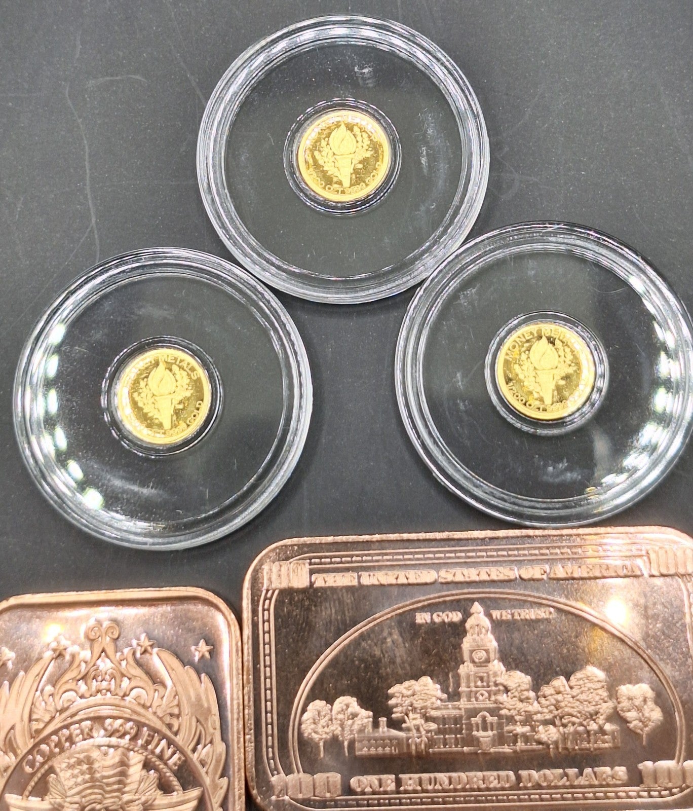 3x Mercury Gold Dime 1/200 oz .9999 Gold Coins + FREE 3x 1 oz Copper Bars
