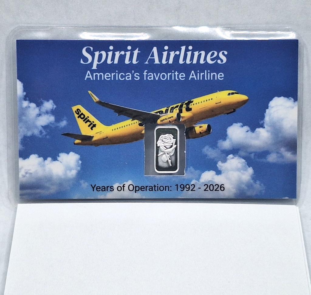 Spirit Airlines Farewell Card w/ Genuine 1g Rose .999 Fine Silver Bar