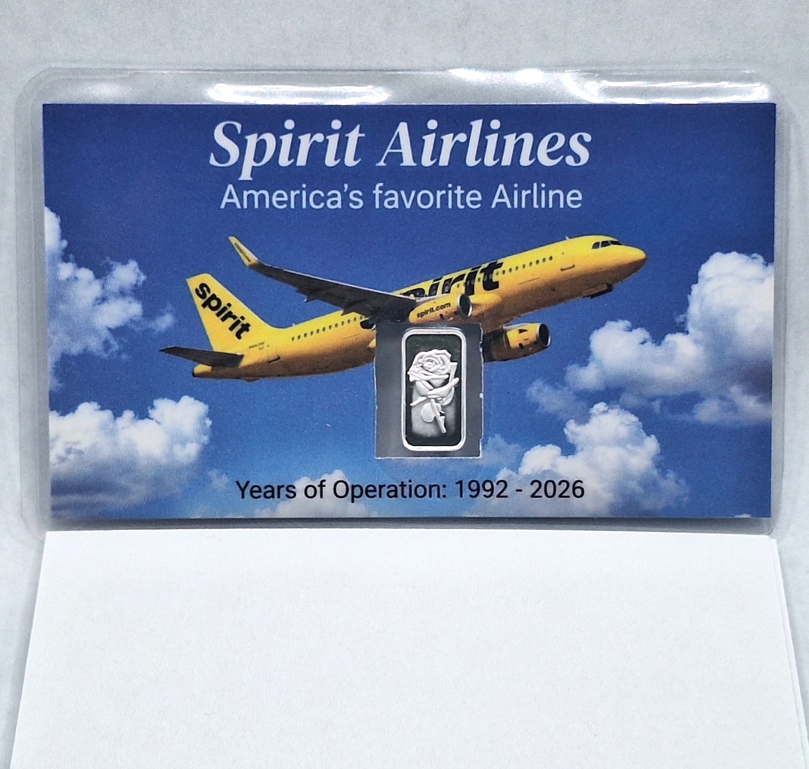 Spirit Airlines Farewell Card w/ Genuine 1g Rose .999 Fine Silver Bar
