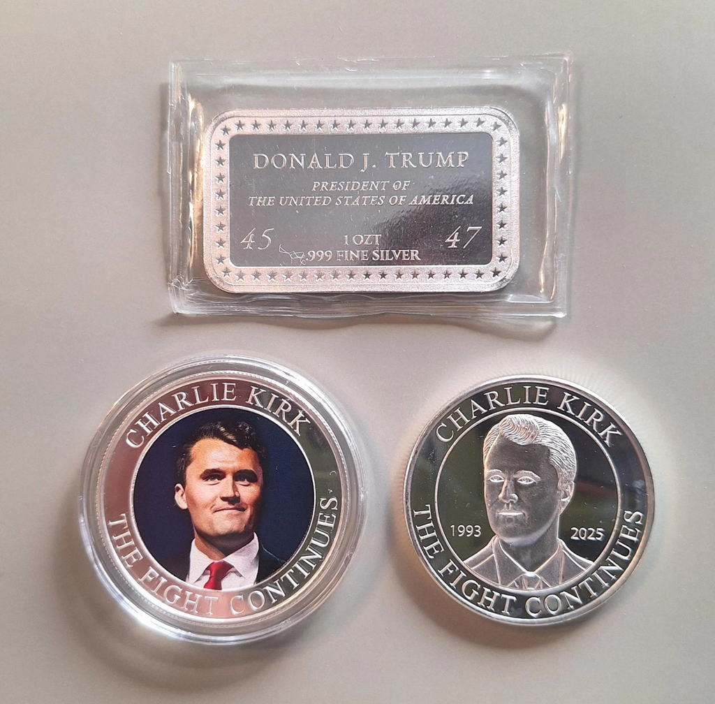 Charlie Kirk & Trump 🇺🇸 3-Piece Silver Set .999 1 oz Coins + 1 oz Bar TPUSA
