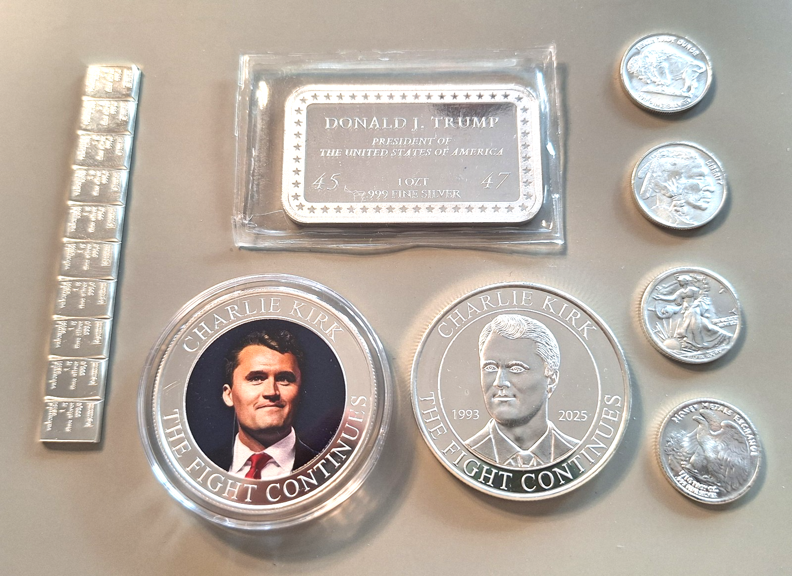 🎁 Christmas Silver Gift Set: Trump Bar + Charlie Kirk Coins + Liberty + Buffalo