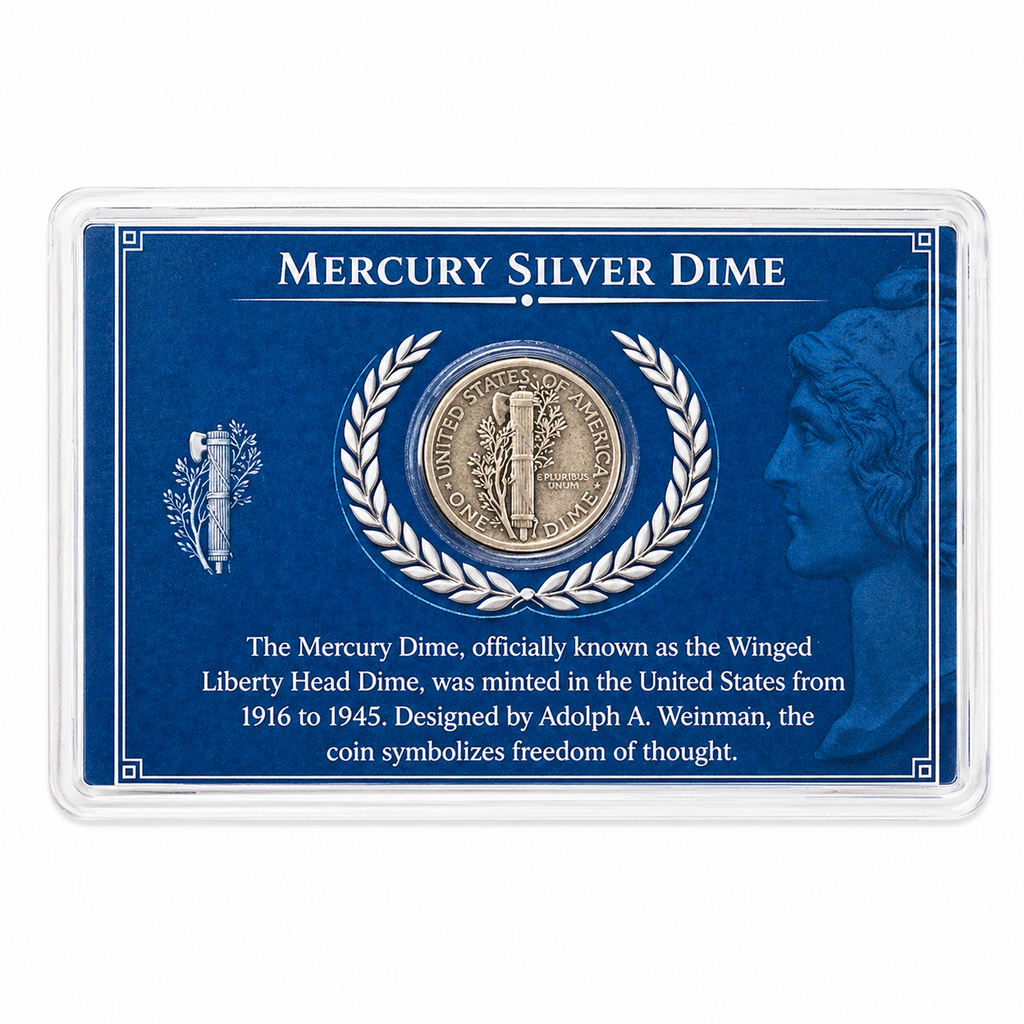 Mercury Silver Dime - 90% Silver 2.5g Coin - Protective Laminated Display Card