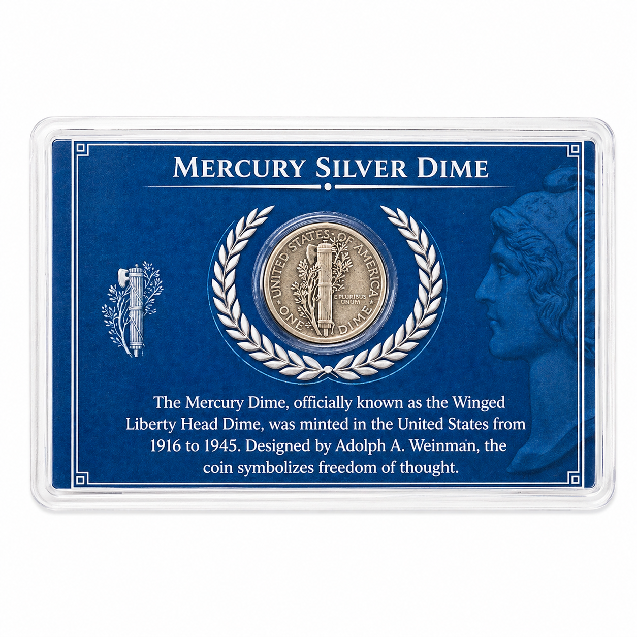 Mercury Silver Dime - 90% Silver 2.5g Coin - Protective Laminated Display Card
