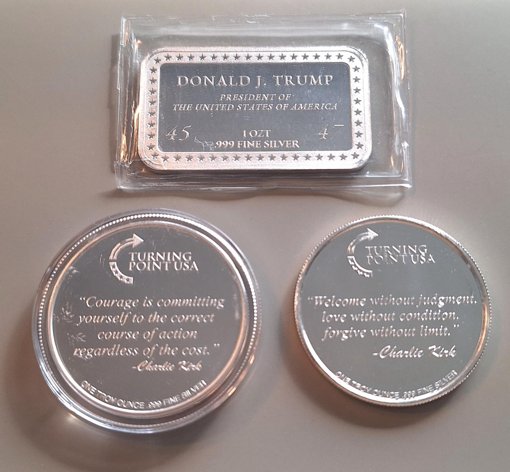 Charlie Kirk & Trump 🇺🇸 3-Piece Silver Set .999 1 oz Coins + 1 oz Bar TPUSA