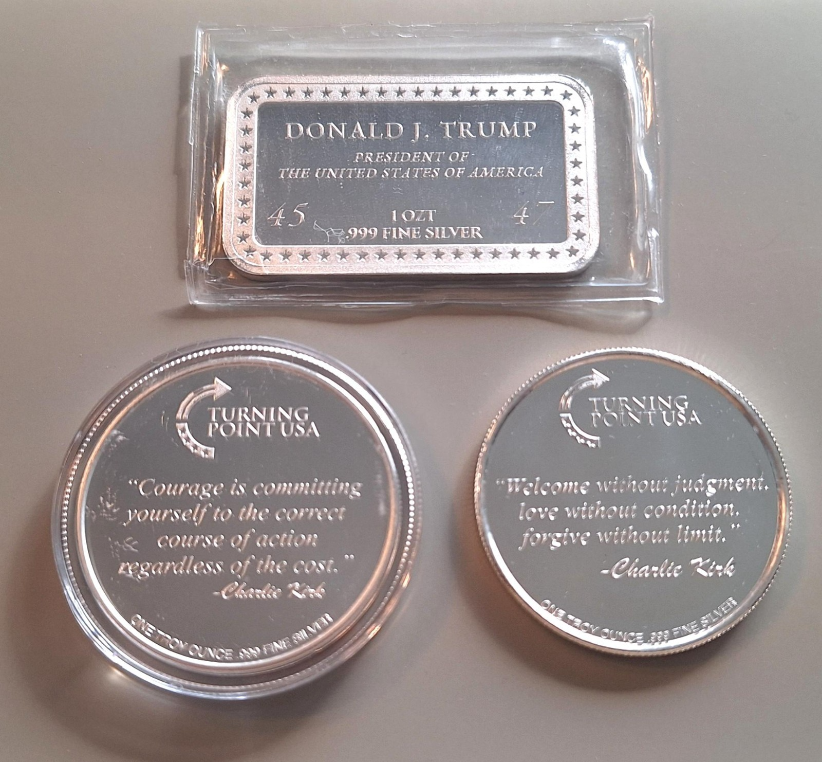 Charlie Kirk & Trump 🇺🇸 3-Piece Silver Set .999 1 oz Coins + 1 oz Bar TPUSA