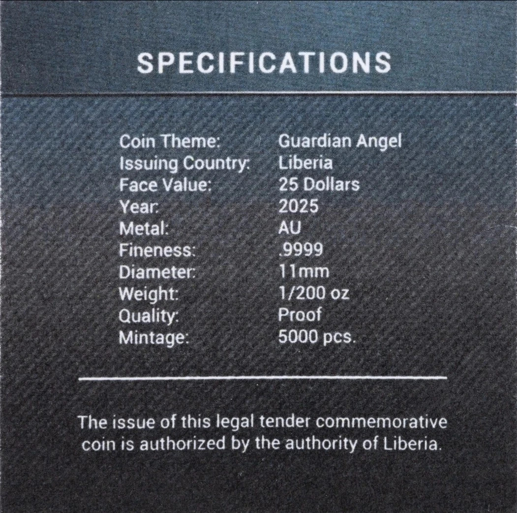 24K .9999 Pure Gold Guardian Angel $25 Coin Bullion Round Investment