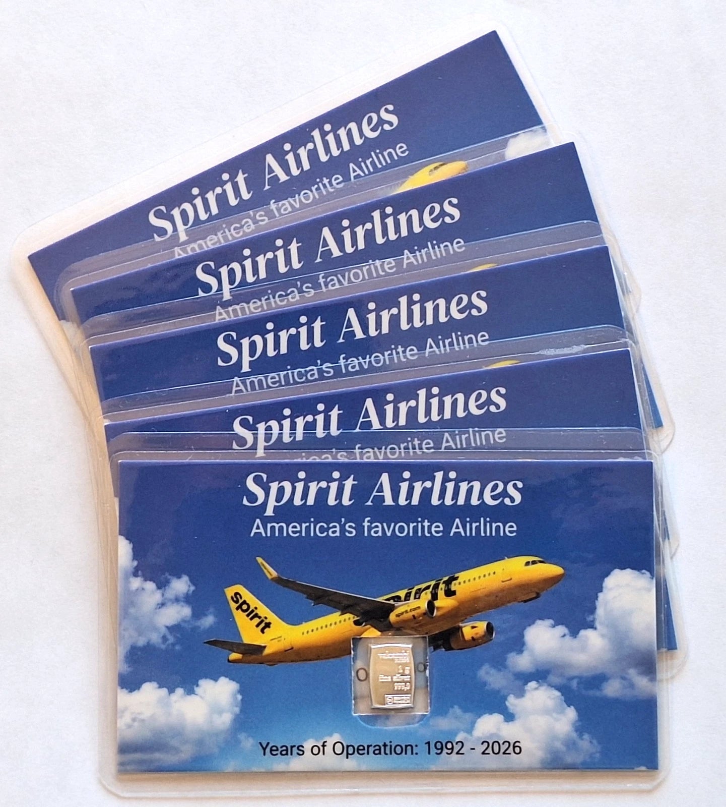 5x Rare Spirit Airlines Tribute Card w/ 1 Gram Valcambi Silver Bar (1992-2026)