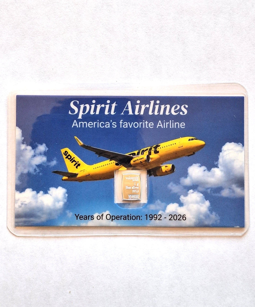 5x Rare Spirit Airlines Tribute Card w/ 1 Gram Valcambi Silver Bar (1992-2026)