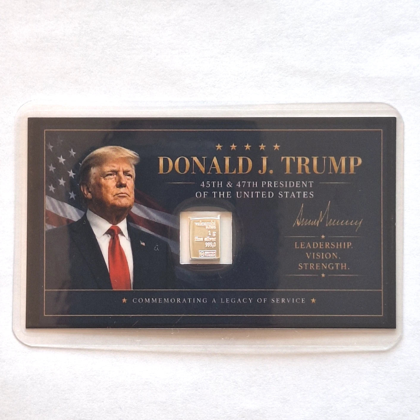 Donald Trump Tribute Card w/ Genuine 1g Valcambi Suisse .999 Fine Silver Bar